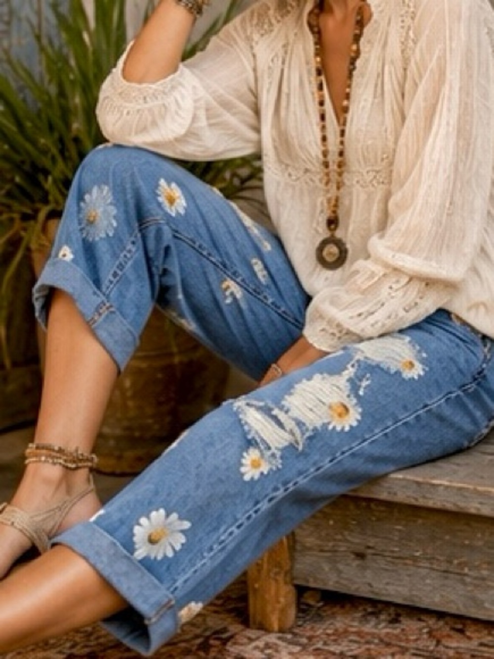 Vintage Clio Denim Distressed Hand Painted Crop Jeans Size 25 - Picture 4 of 11